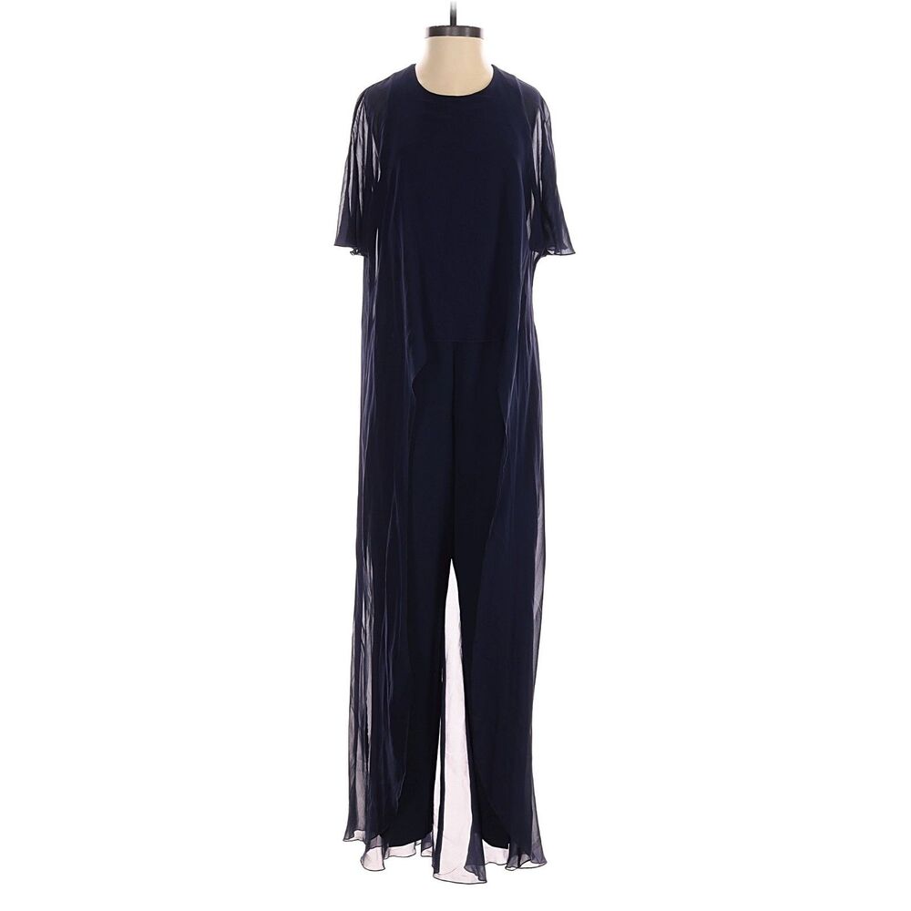 Trina Turk Navy Chiffon Overlay Short Sleeve Wide Leg Jumpsuit Womens Size 2